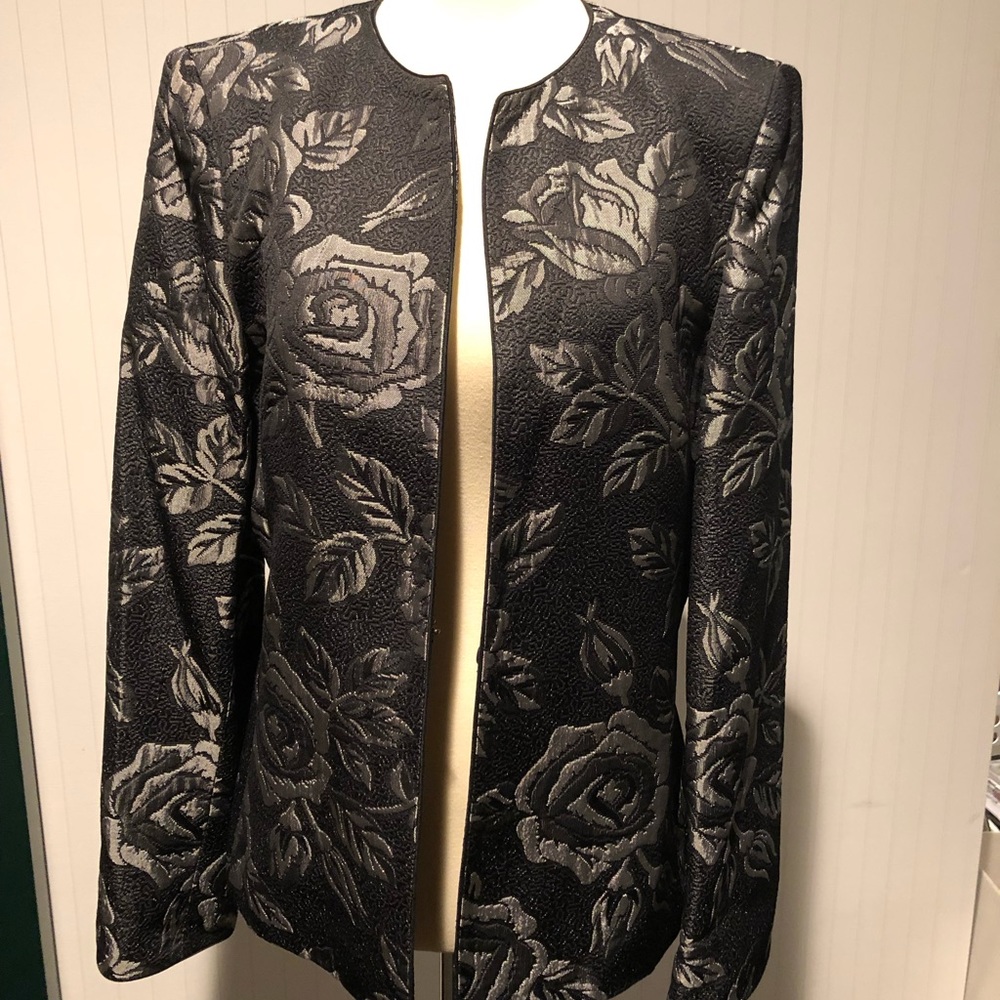 Kasper Black Silver Floral Blazer Suit Jacket
